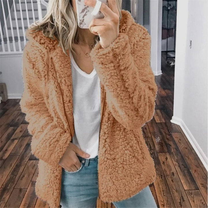 Women's teddy fleece jacket Uma in Cappuccino – worn open view