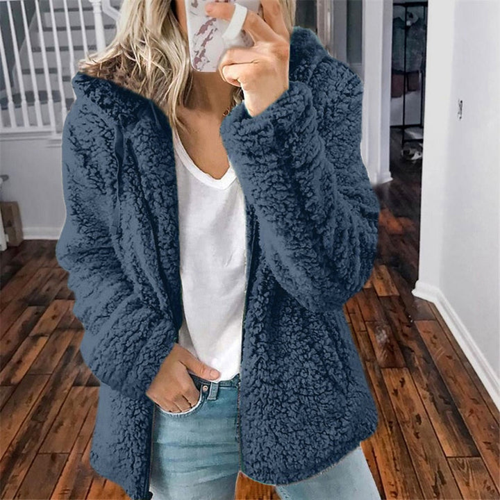 Women's teddy fleece jacket Uma in Blue – worn open view
