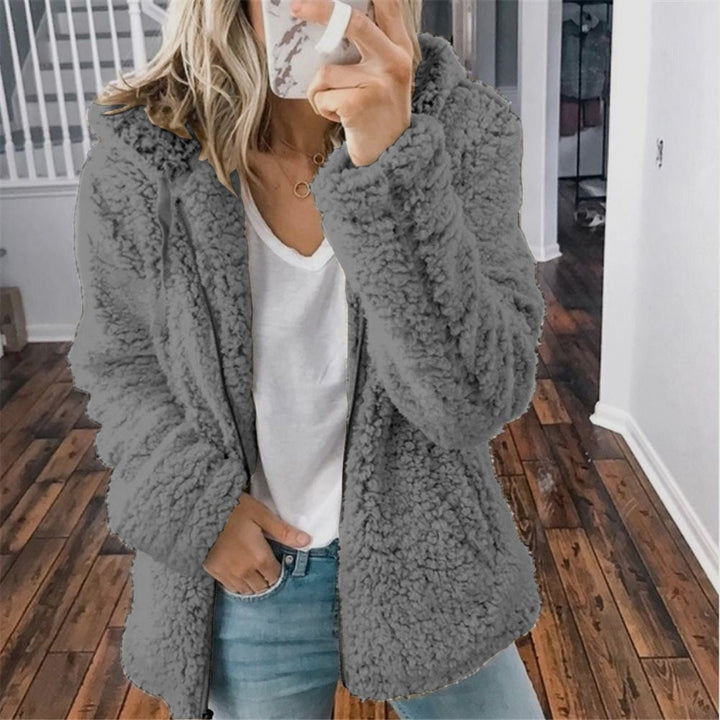 Women's teddy fleece jacket Uma in Dark Grey – worn open view
