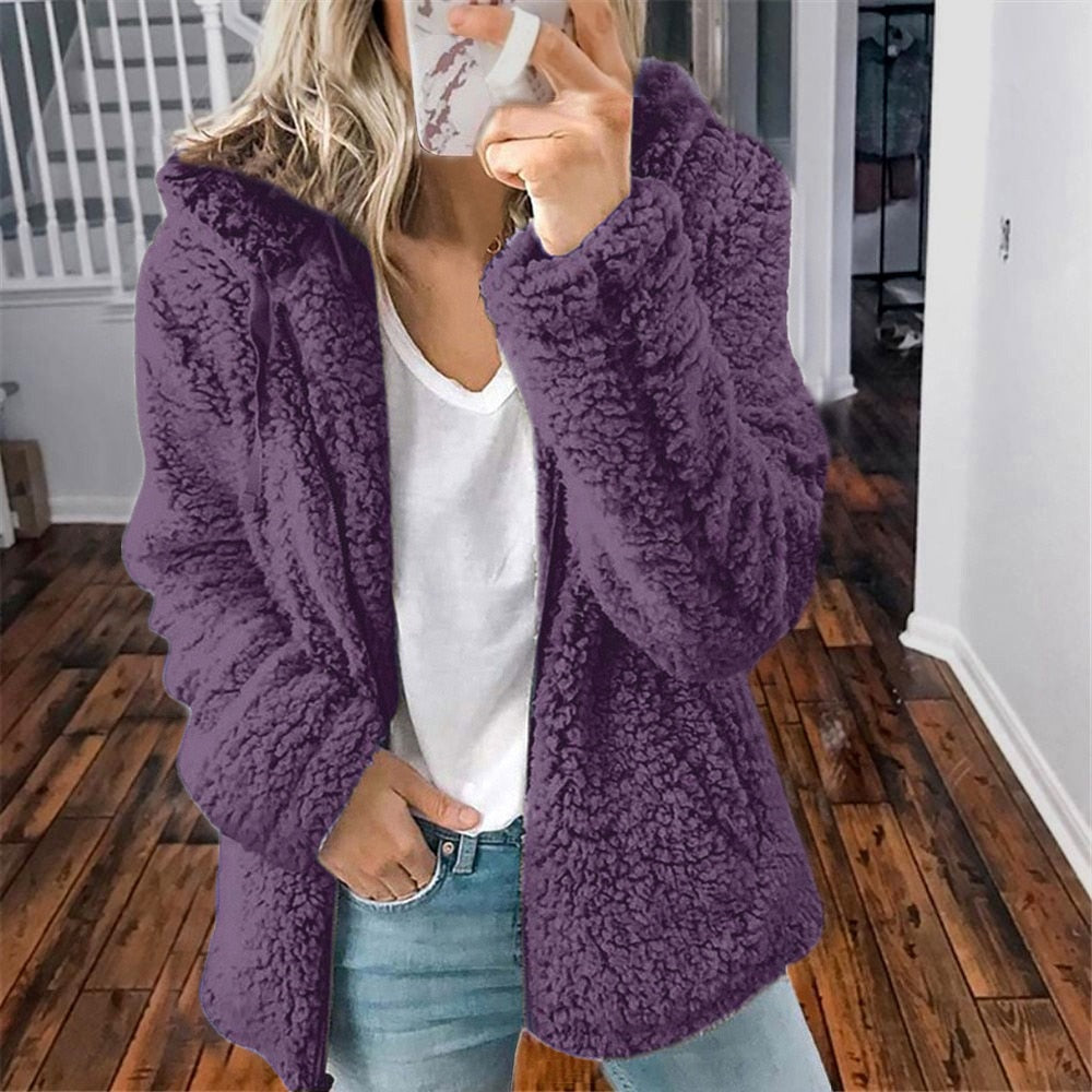 Women's teddy fleece jacket Uma in Purple – worn open view