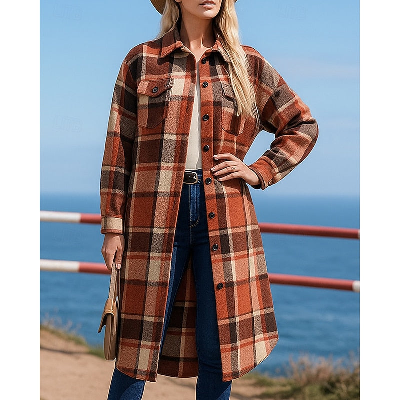 Women's Checked Longline Coat with Button Front