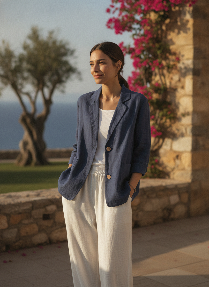 Women's Linen-Look Blazer with Patch Pockets and Rolled Sleeves – Ascot – Navy – front view