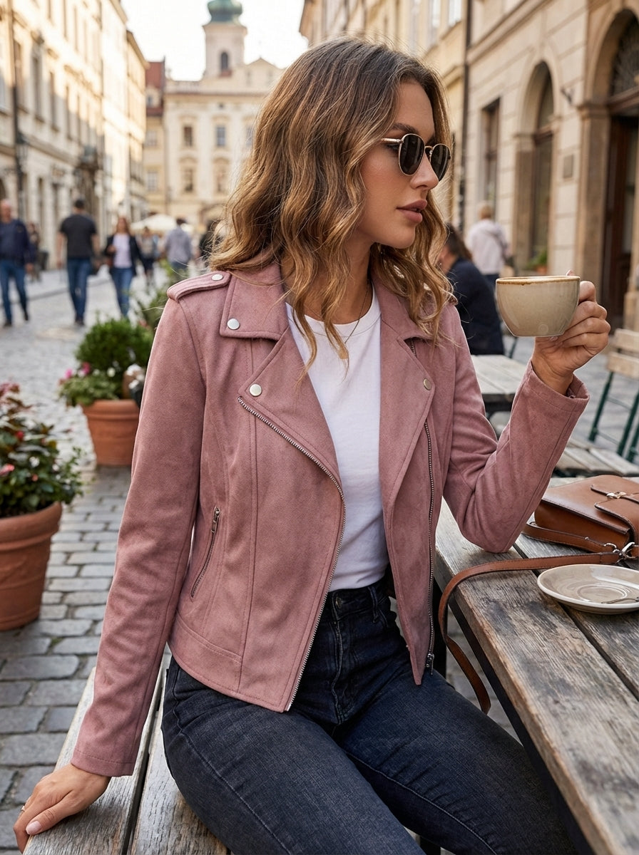 Women's Cropped Suede-Look Biker Jacket with Asymmetric Zip – Axminster – Dusty Pink – front view