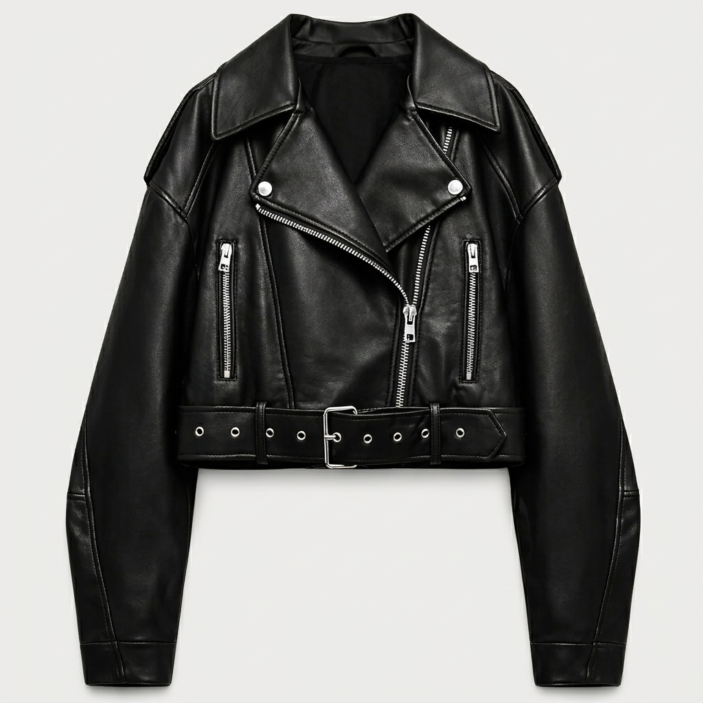 Women's Cropped Biker Jacket with Belt and Collar