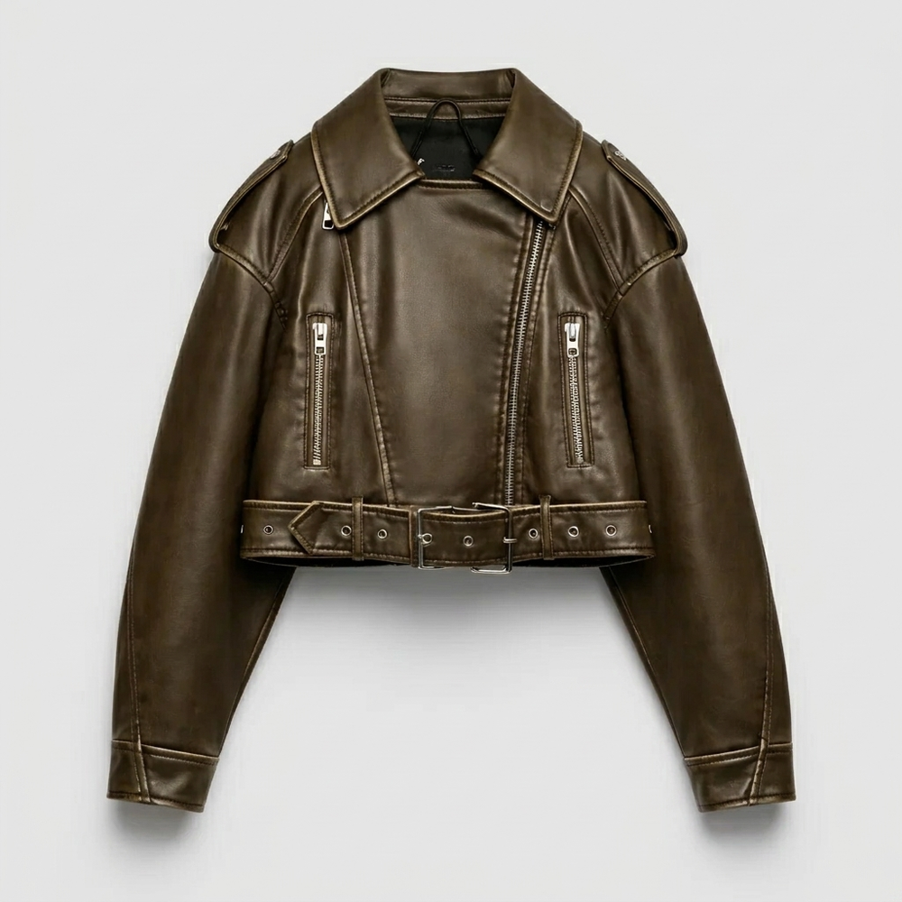 Women's Cropped Biker Jacket with Belt and Collar