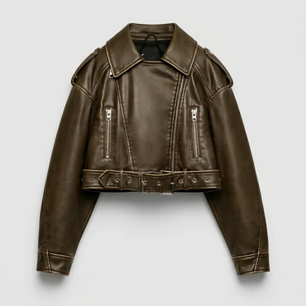 Women's Cropped Biker Jacket with Belt and Collar