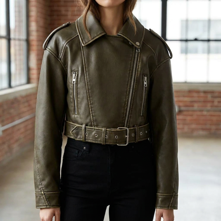 Women's Cropped Biker Jacket with Belt and Collar
