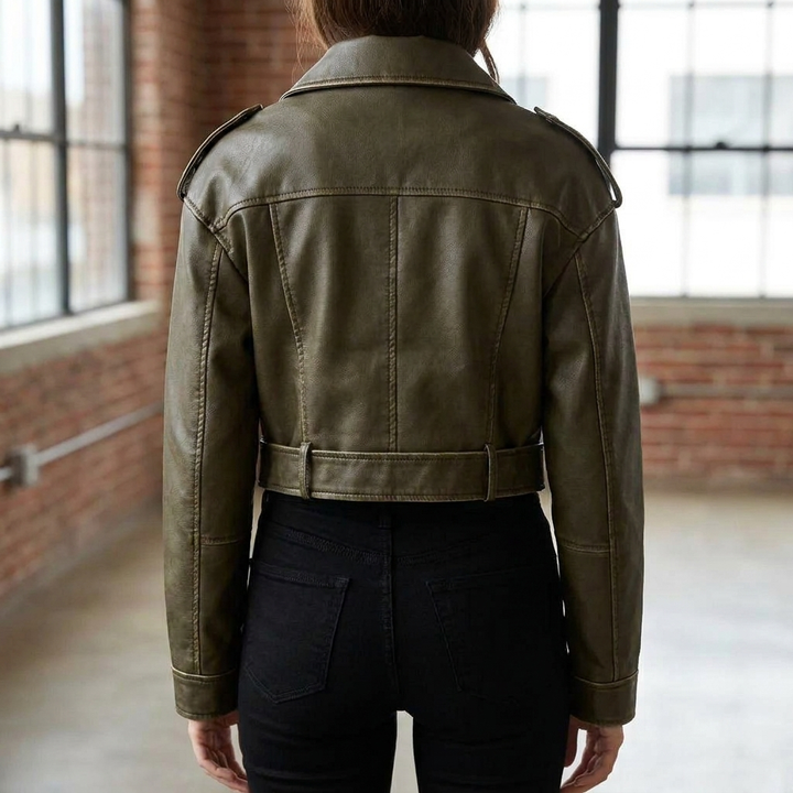 Women's Cropped Biker Jacket with Belt and Collar