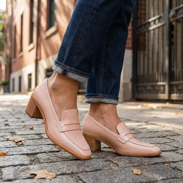 Women's penny loafers Ulrika in Light Pink – street style pair view