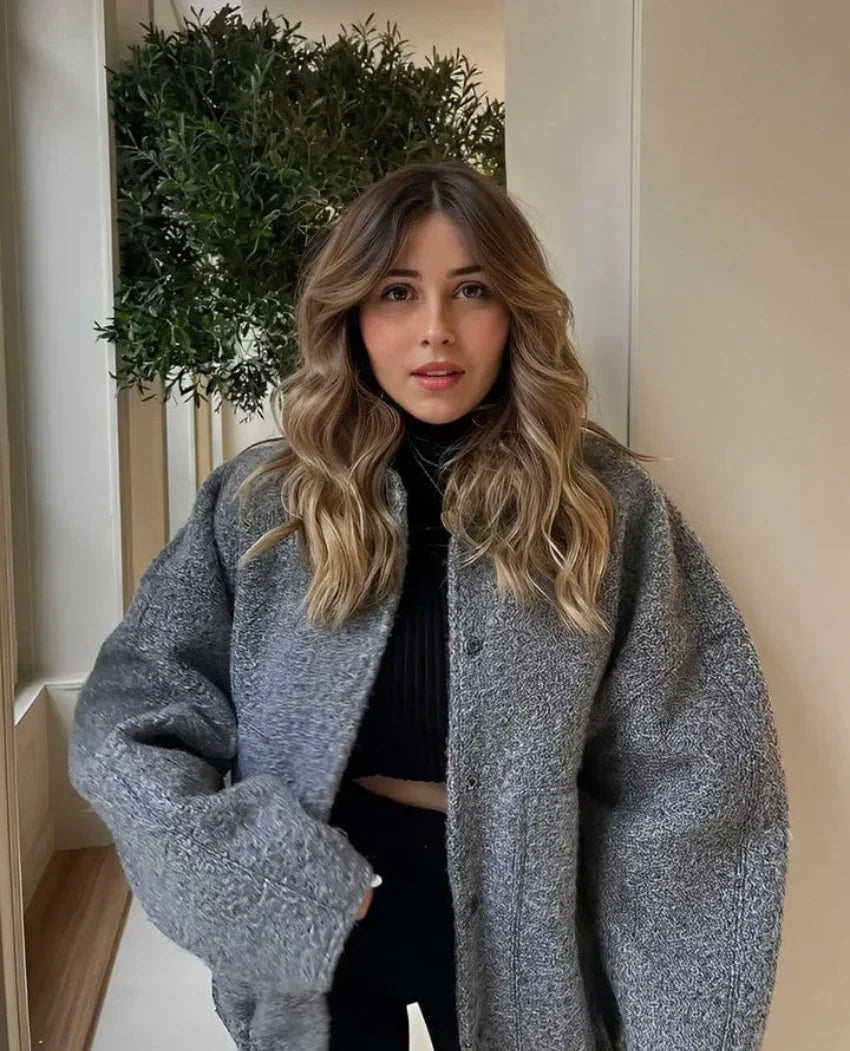 Women's oversized bomber jacket Betsy in Grey – worn open front view