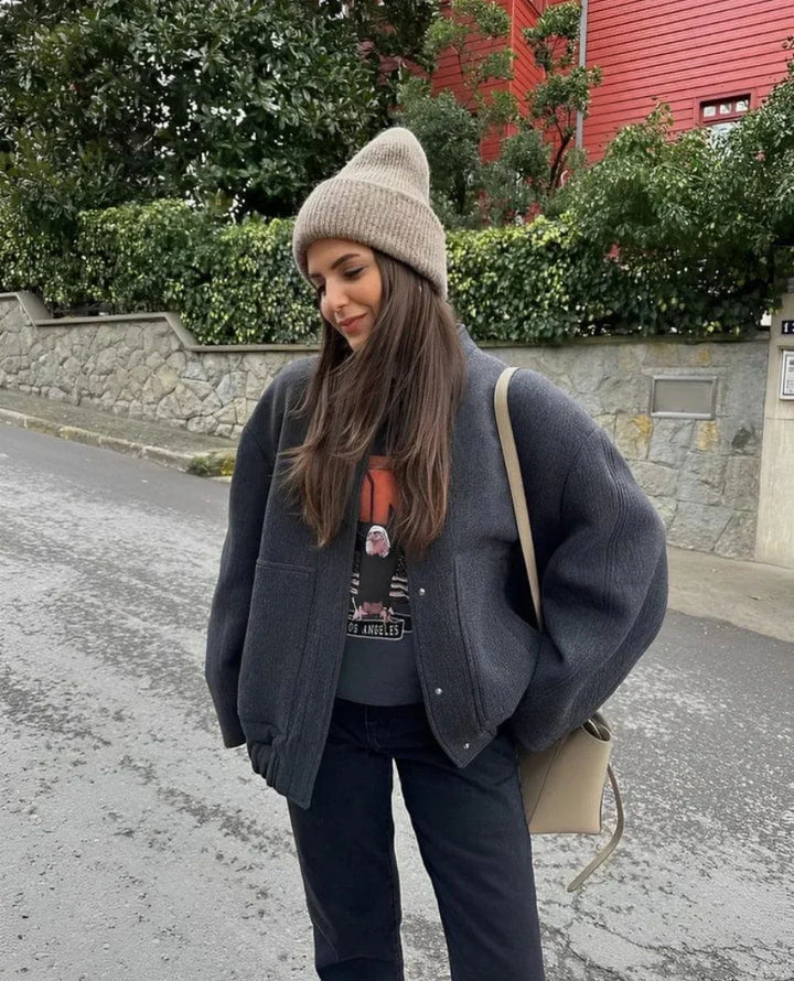 Women's oversized bomber jacket Betsy in Dark Grey – street style