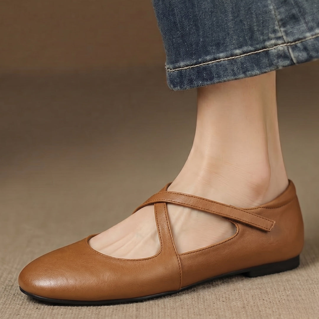 Women's Leather Ballet Flats with Cross Straps – Zeor