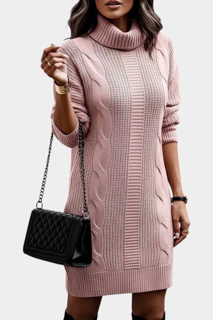 Women's roll neck jumper dress Peggy in Pink – holding bag