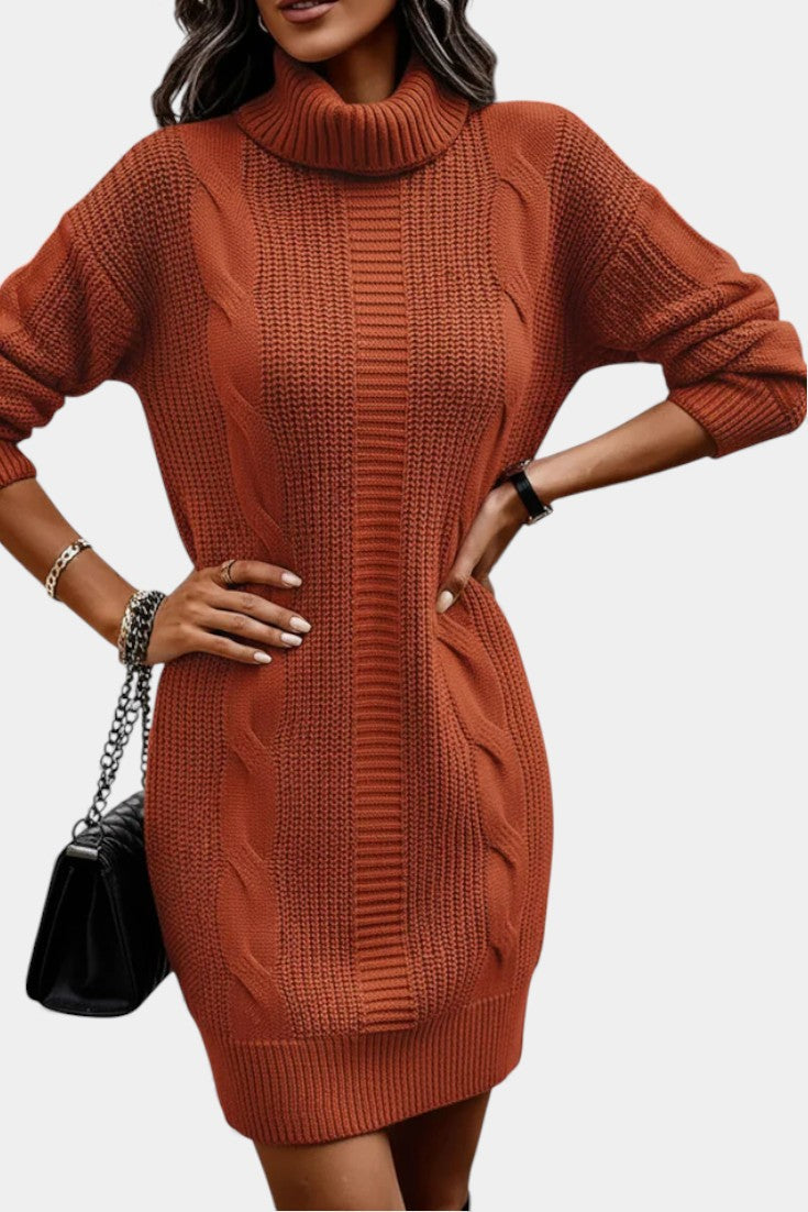 Women's roll neck jumper dress Peggy in Brick Red – hands on hips