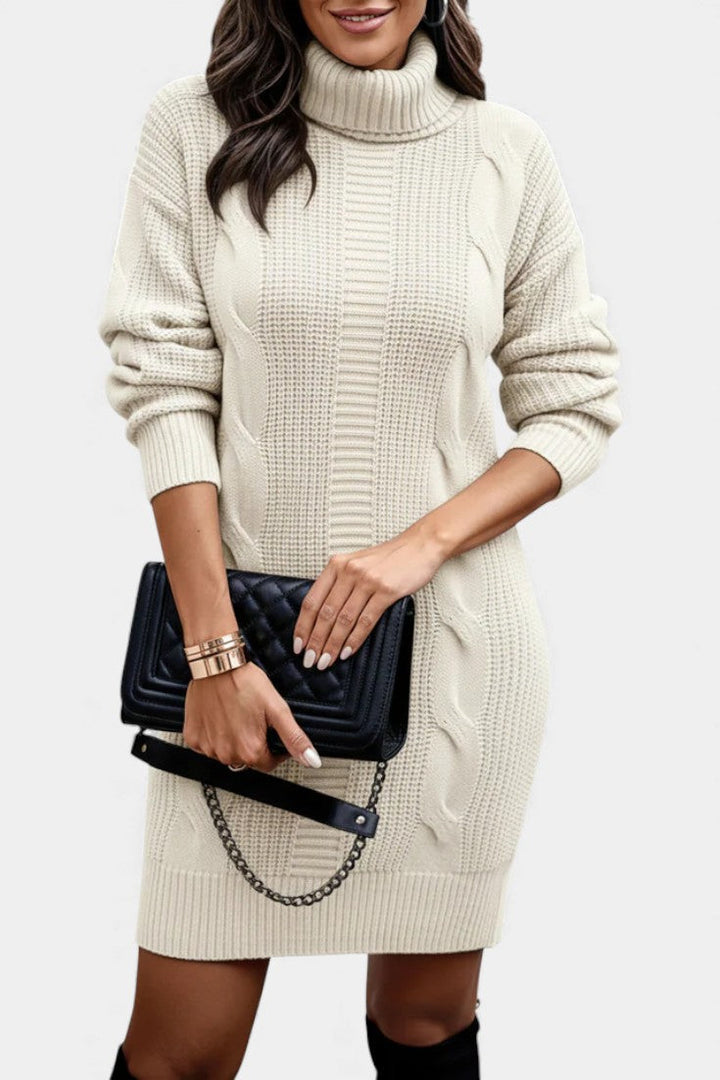 Women's roll neck jumper dress Peggy in Apricot – front view with bag