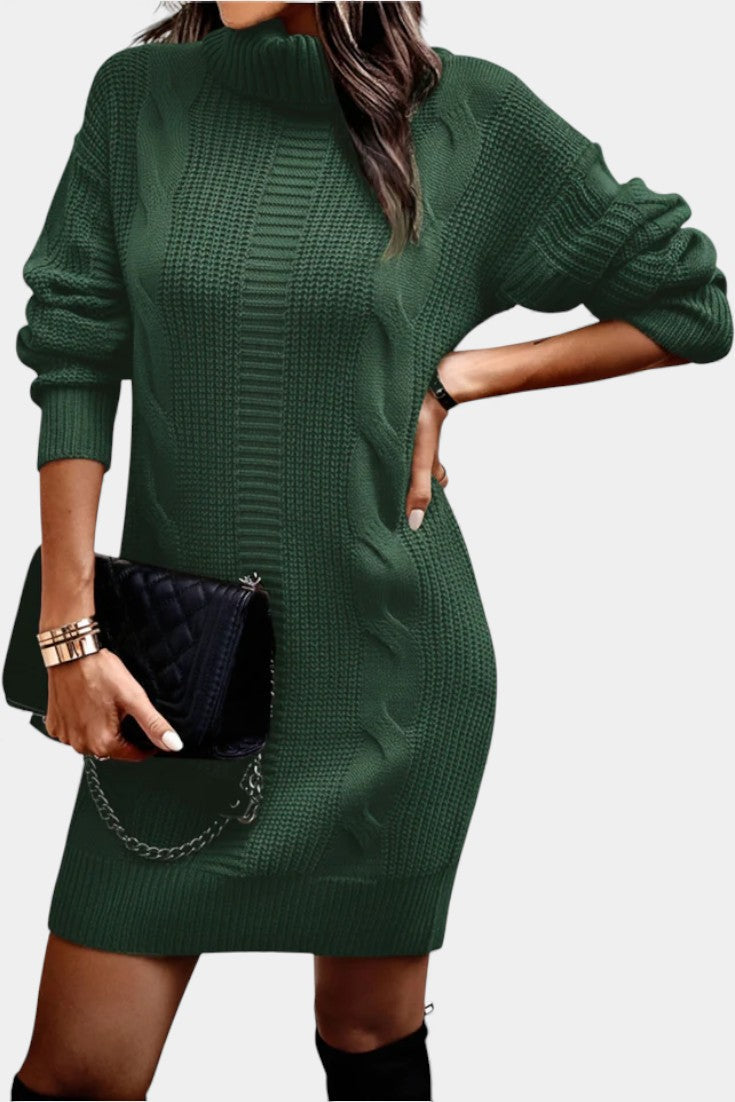 Women's roll neck jumper dress Peggy in Dark Green – holding clutch