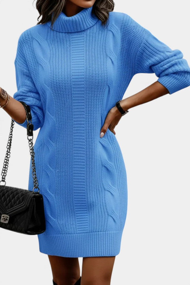 Women's roll neck jumper dress Peggy in Sea Blue – hand on hip
