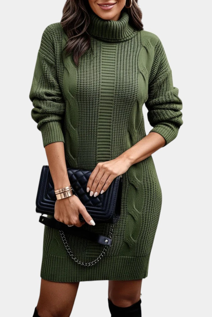 Women's roll neck jumper dress Peggy in Green – front view with bag