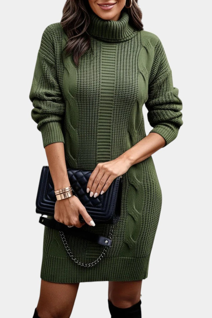 Women's roll neck jumper dress Peggy in Green – front view with bag