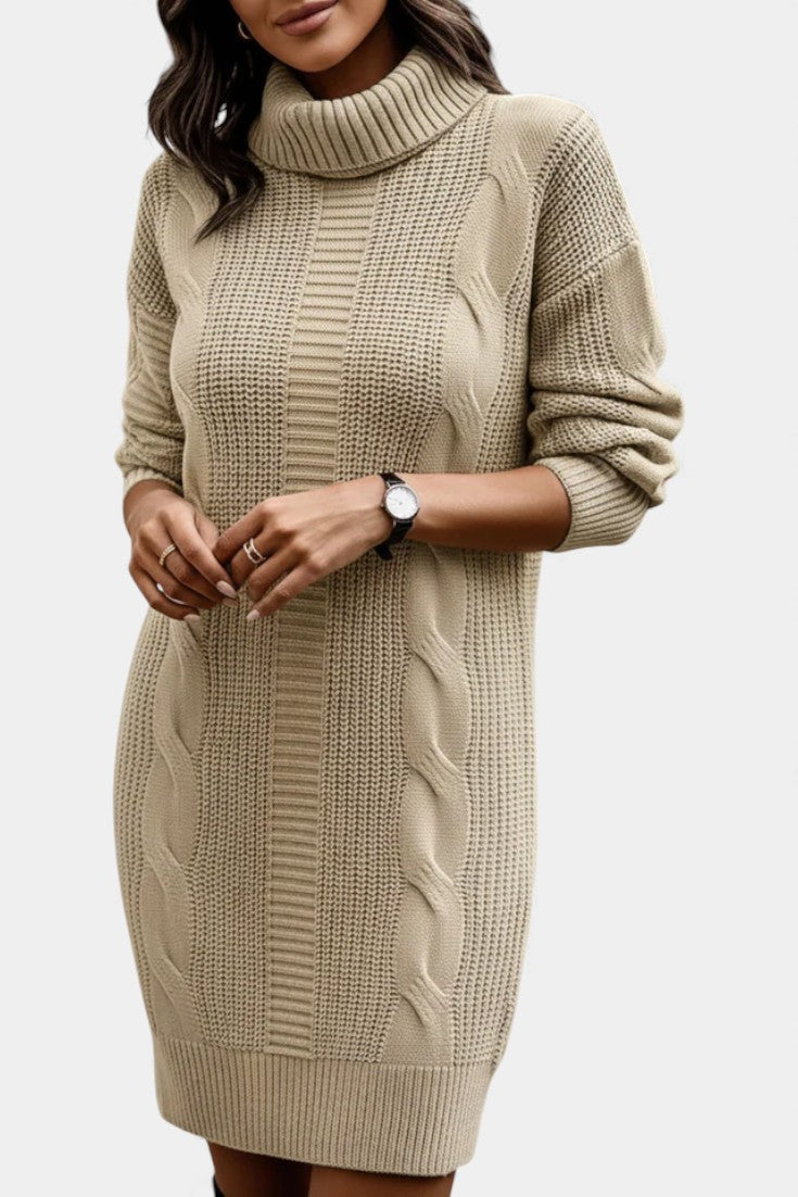 Women's roll neck jumper dress Peggy in Khaki – hands at waist