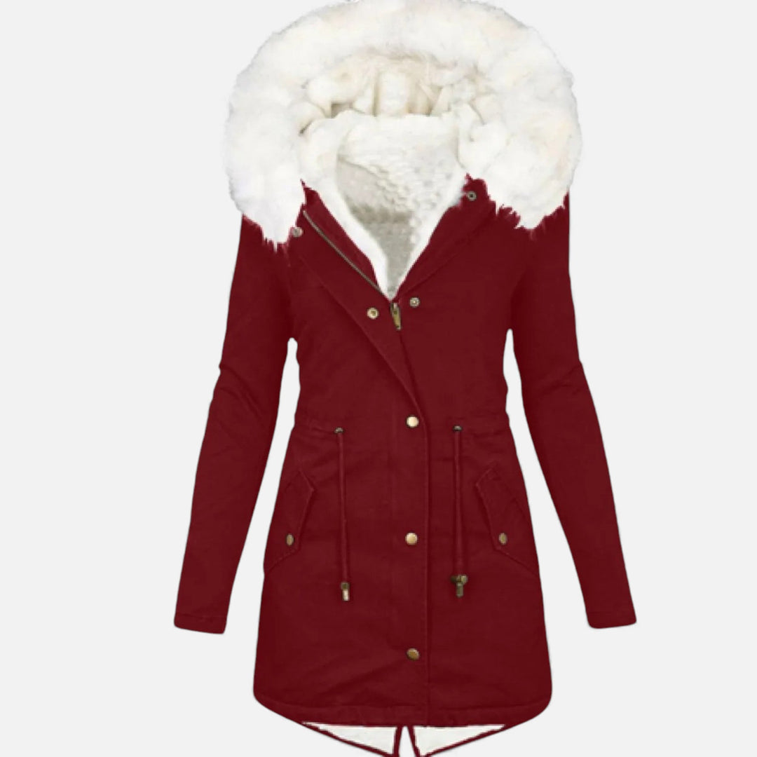 Framlingham women's hooded parka in Dark Red – front view
