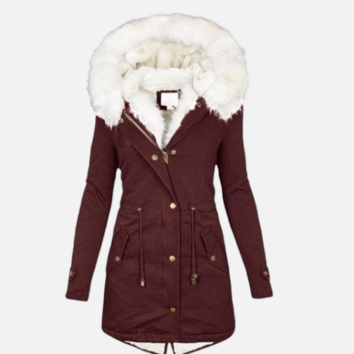 Framlingham women's hooded parka in Dark Red – front view