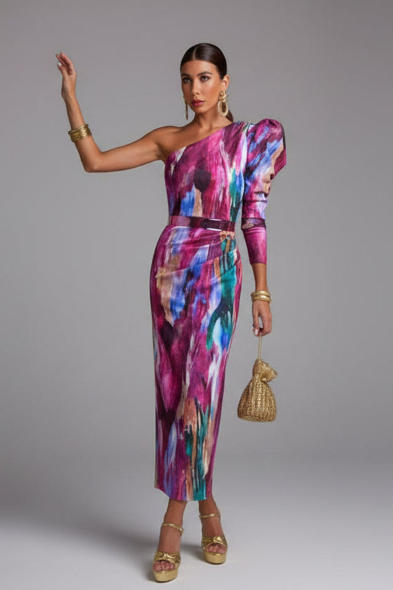 Yllana - Purple Puff One Shoulder Midi Dress