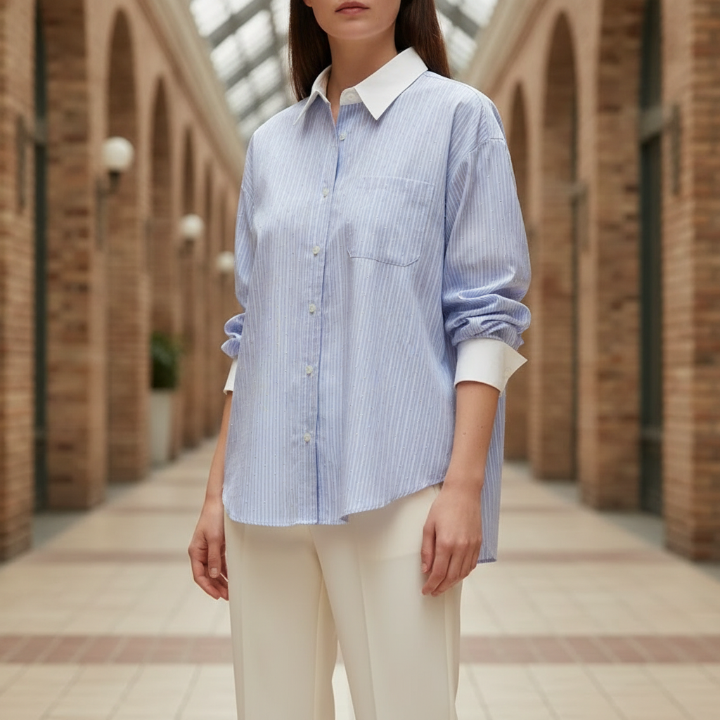 Women's Striped Contrast Collar Oversized Shirt Annelise – Blue – front
