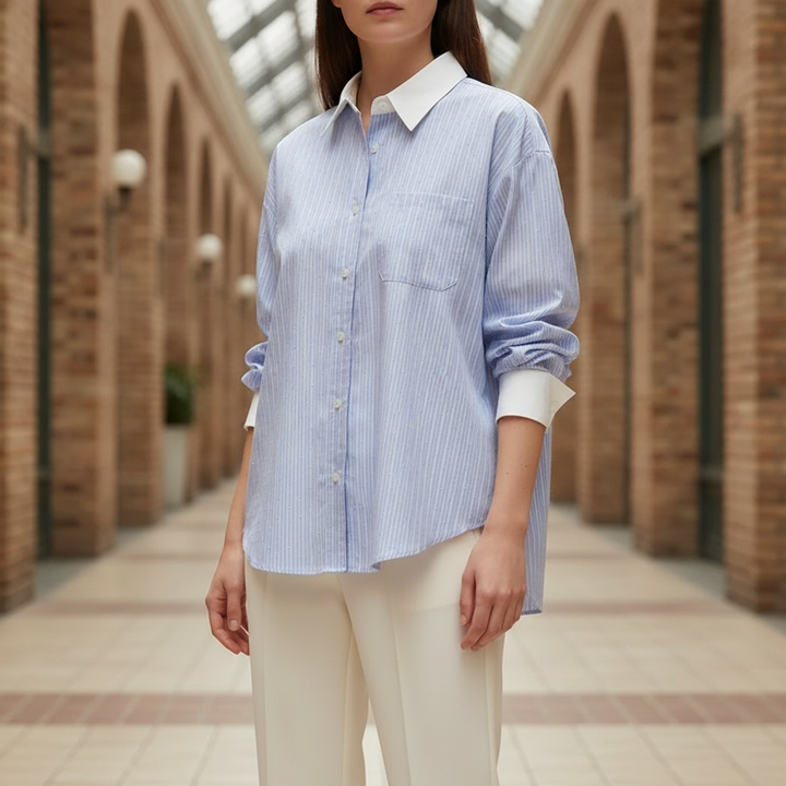 Women's Striped Contrast Collar Oversized Shirt Annelise – Blue – front