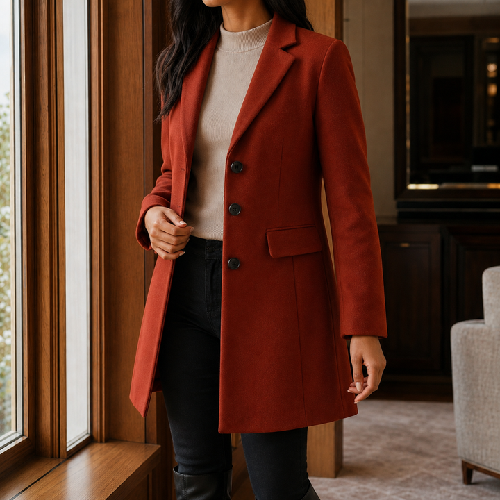 Women's Tailored Wool-Look Coat with Notch Lapels – Appleby – Brick Red – front view