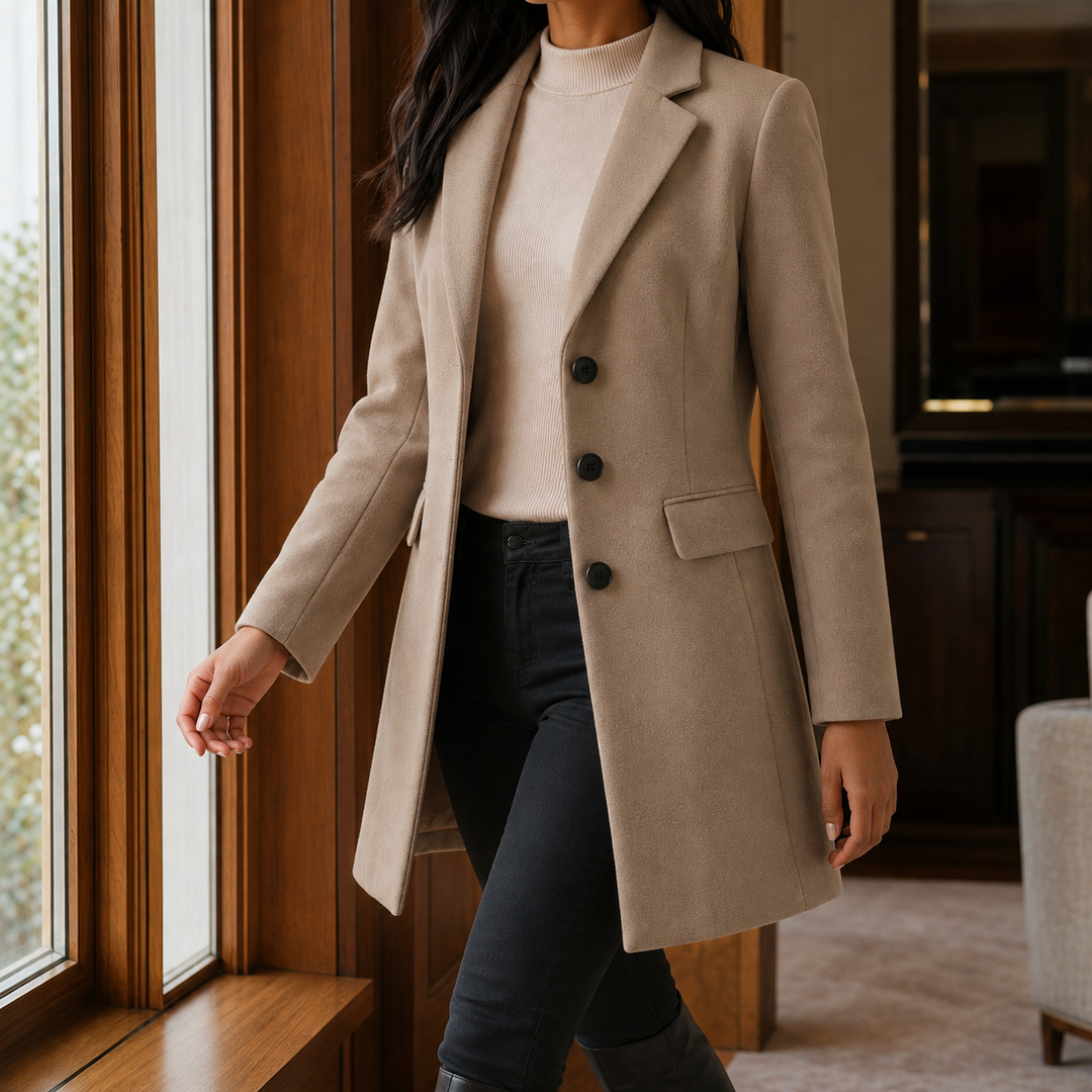Women's Tailored Wool-Look Coat with Notch Lapels – Appleby – Stone – front view