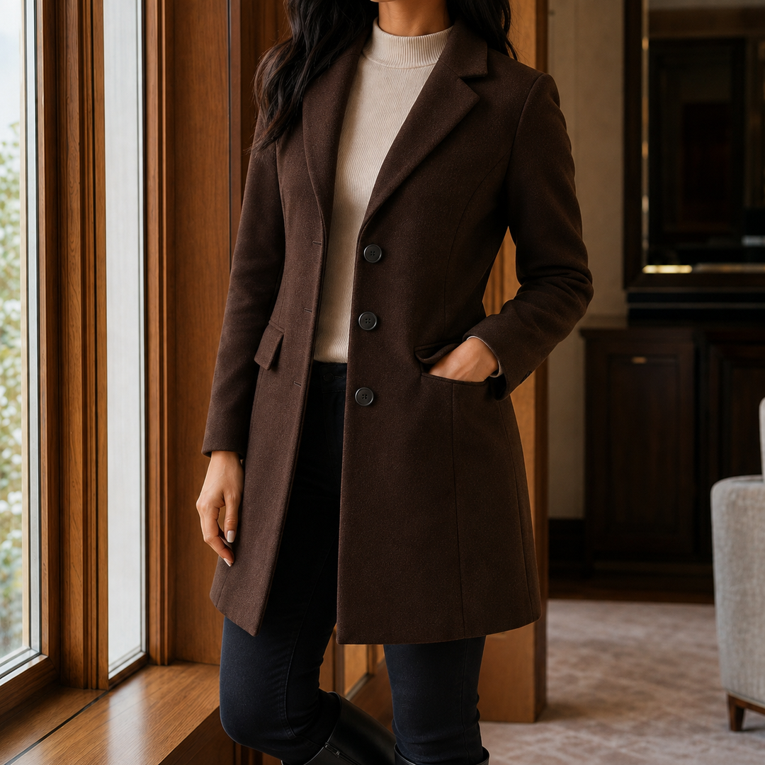 Women's Tailored Wool-Look Coat with Notch Lapels – Appleby – Chocolate – front view