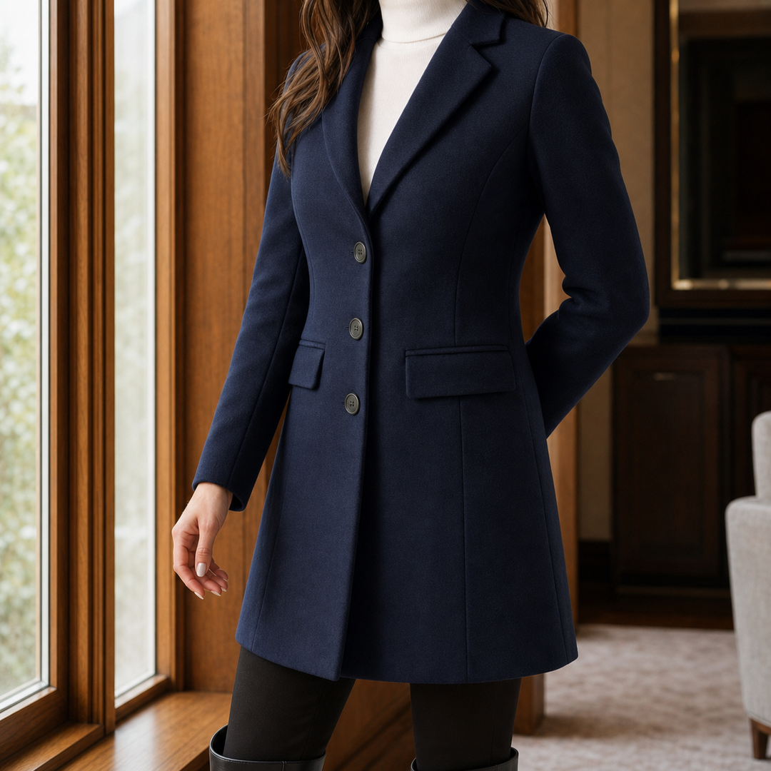 Women's Tailored Wool-Look Coat with Notch Lapels – Appleby – Navy – front view