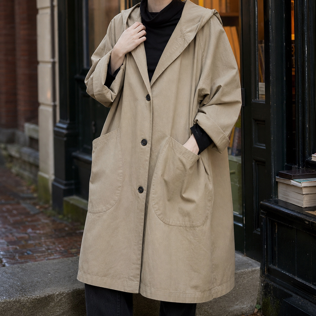 Camberley women's hooded longline coat in Stone – front view