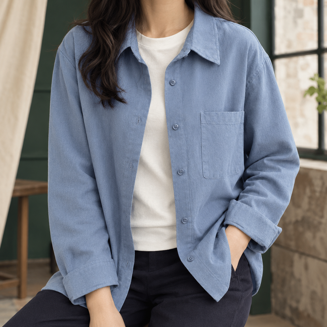 Women's Relaxed Overshirt Shacket with Chest Pocket Delaney – Blue – front