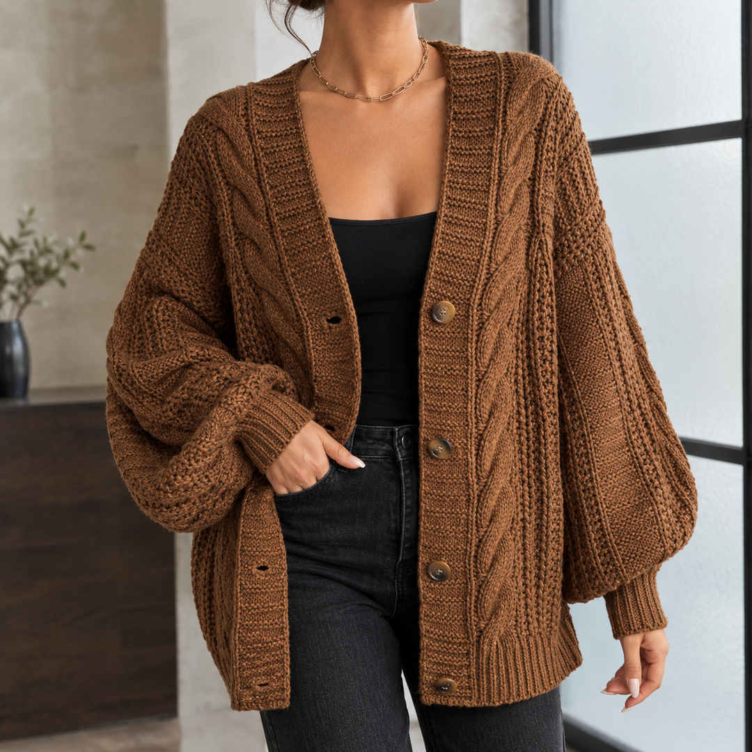 Women's Chunky Cable Knit Oversized V-Neck Cardigan – Euphemia – Caramel – front view