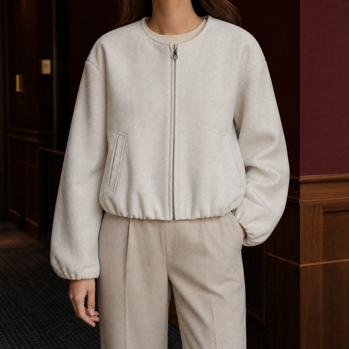 Avebury women's cropped bomber jacket in Ivory – front view