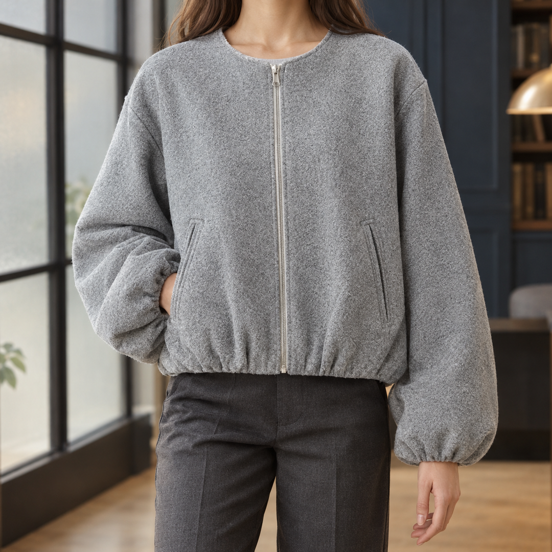 Shoreditch women's balloon sleeve jacket in Grey – front view