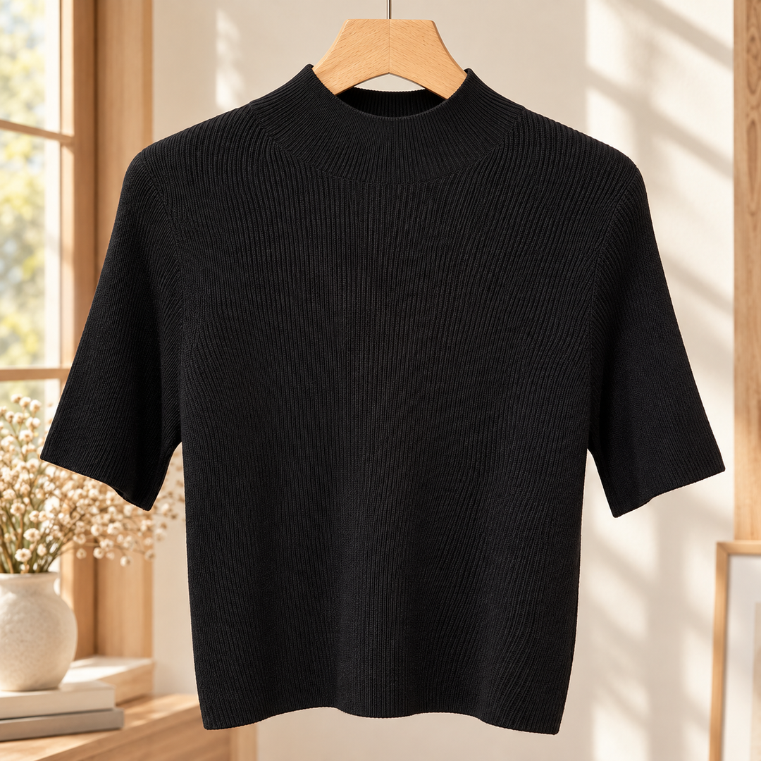 Ceinwen - Women's ribbed mock neck knit top in Black – front view
