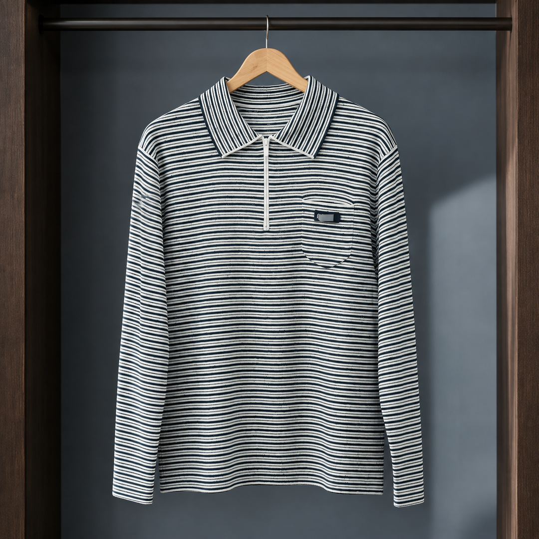Women's Striped Half-Zip Polo Collar Jumper – Cerise – Navy Stripe – front view