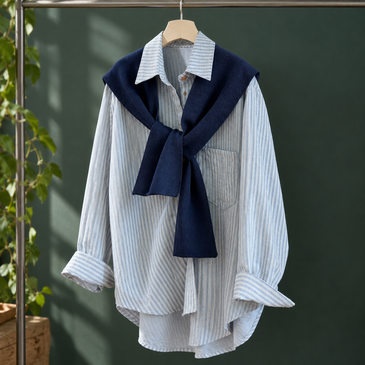 Women's Striped Oversized Shirt with Knitted Shoulder Wrap Mackenzie – Light Blue with Navy Wrap – front