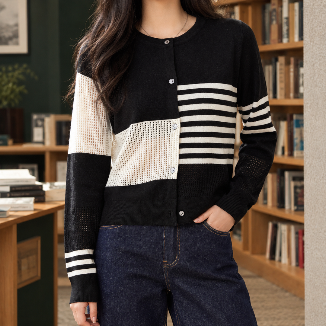 Women's Striped Colour Block Crew Neck Cardigan – Senara – Black – front view