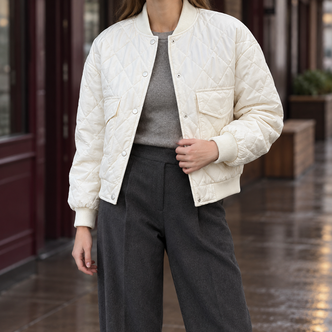 Charlbury women's quilted bomber jacket in Ivory – front view