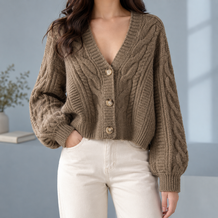 Ysella - Women's cropped cable knit cardigan in Taupe – front view