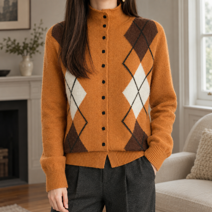 Women's argyle cardigan Wenna in Pumpkin Orange – front view