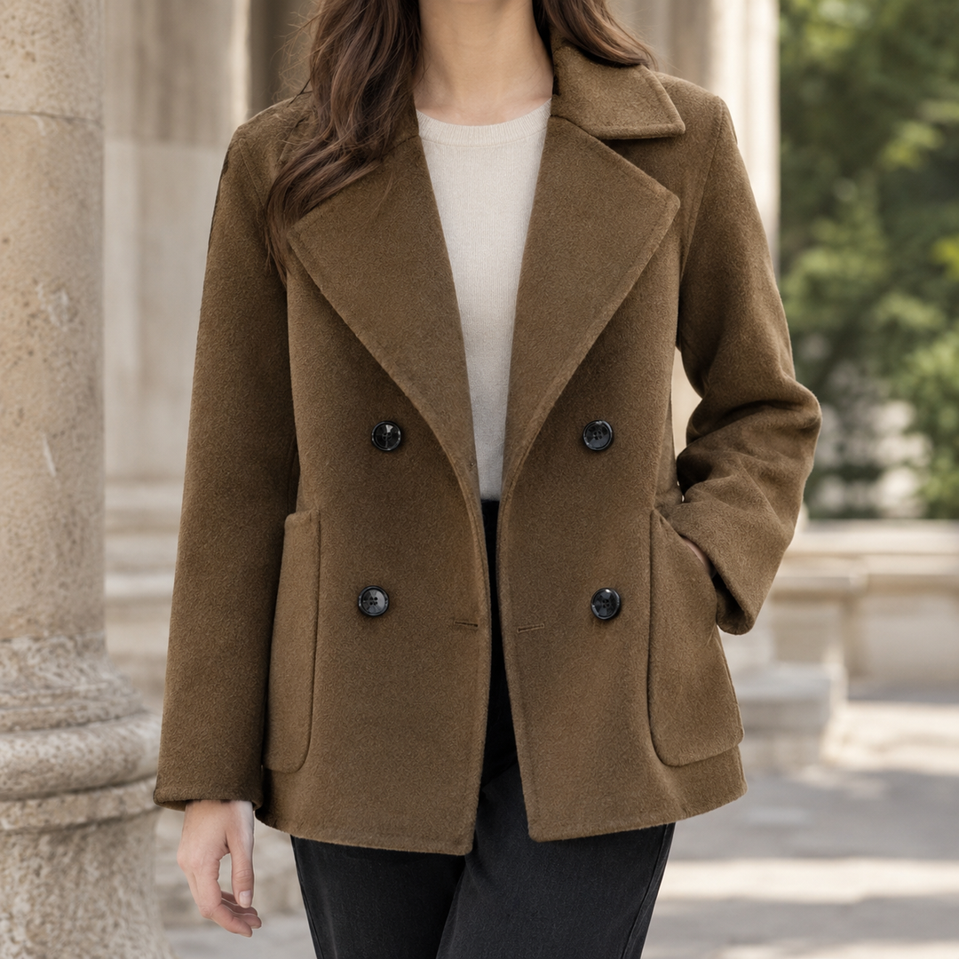 Penzance women's short pea jacket in Brown – front view