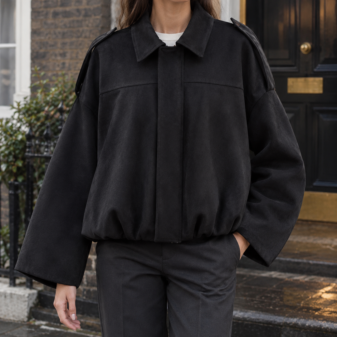 Lynton - Women's suede-effect bomber jacket in Black – front view