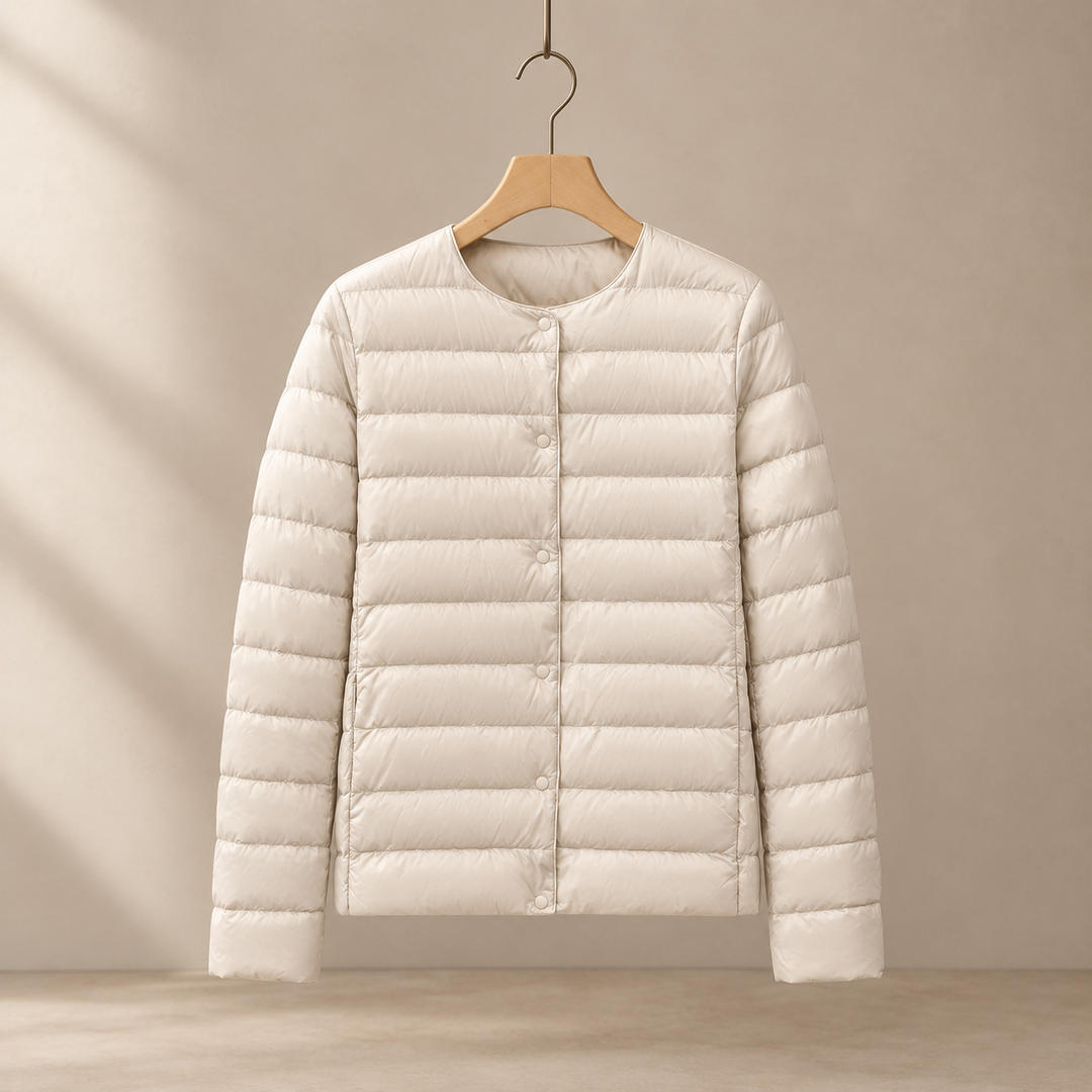 Women's Collarless Lightweight Quilted Jacket with Snap Front – Clitheroe – Ivory – front view