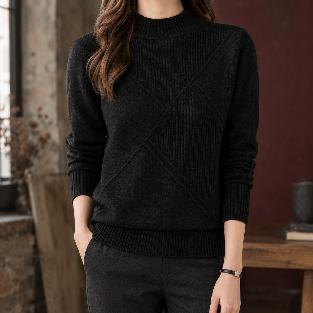 Women's Wool Blend Mock Neck Jumper with Geometric Rib Detail – Rhoswen – Black – front view