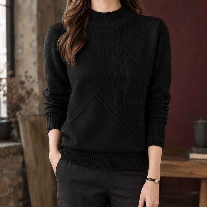 Women's Wool Blend Mock Neck Jumper with Geometric Rib Detail – Rhoswen – Black – front view